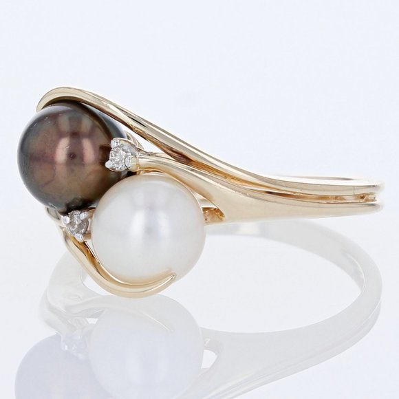 Black Tahitian & White Pearl Diamond 14K Gold Ring - Picture 2 of 5